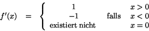 \begin{displaymath}
\begin{array}{ccc}
f'(x) & = & \left\{ \begin{array}{ccc}
1 ...
...ert}\: \mathrm{nicht}\: & & x=0
\end{array}\right.
\end{array}\end{displaymath}